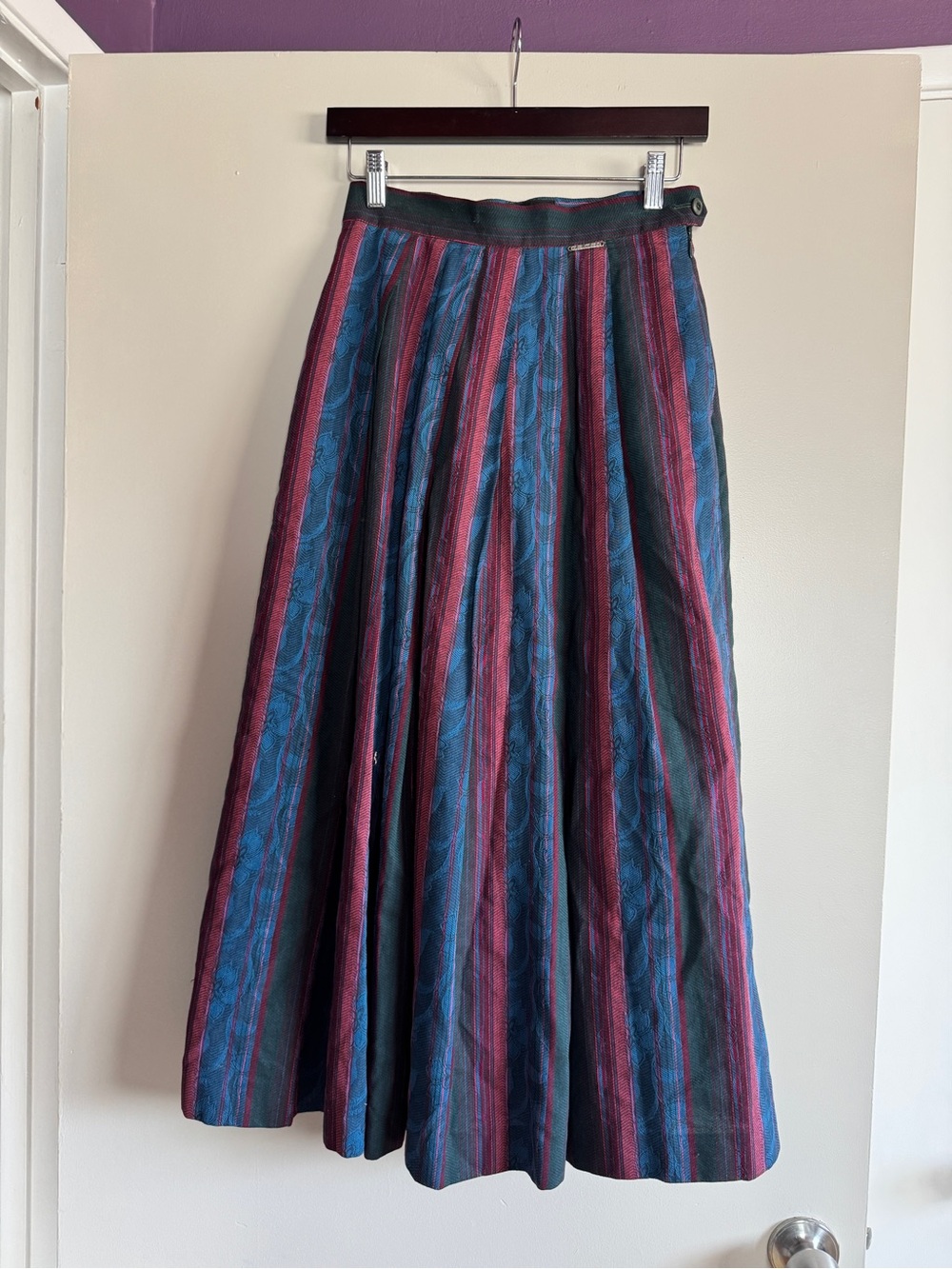 Vintage Striped Midi A-Line Skirt in Teal and Burgundy